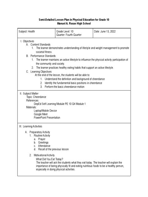 detailed lesson plan in cheerdance|Grade 10 Physical Education Module: Cheerdance .